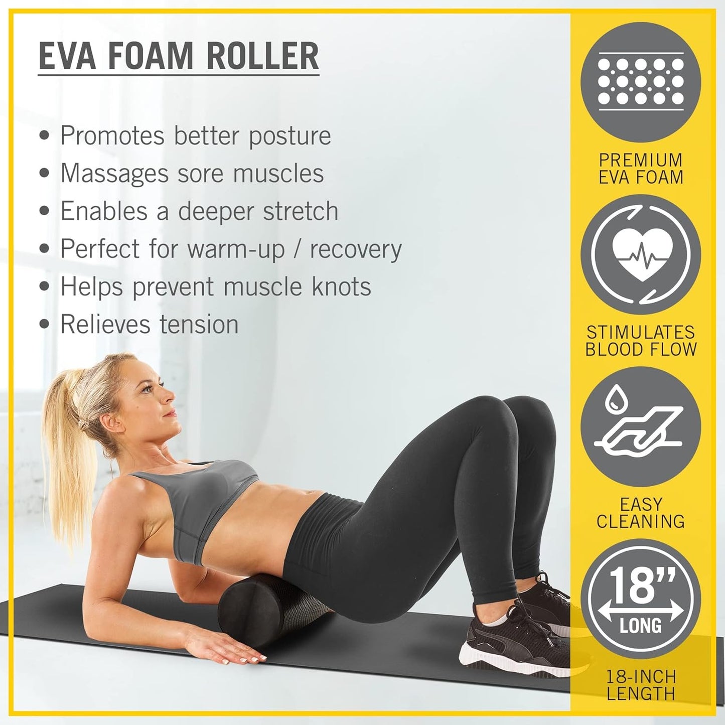 Everlast FIT 18-Inch Premium EVA Foam Roller - Enhance Posture & Relieve Muscle Tension, Ultimate Home Gym Accessory for Neck & Leg Massage, Pilates, Yoga, & Relaxation, Warm-Up & Recovery Tool