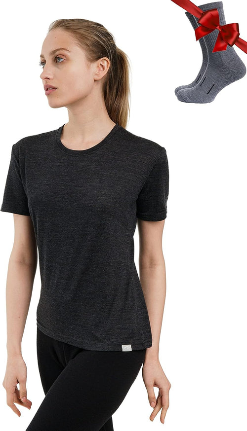 Merino.tech Merino Women's T-Shirt – 100% Thermal Short Sleeve Jersey in Merino Wool with Socks