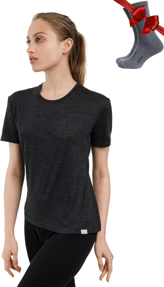 Merino.tech Merino Women's T-Shirt – 100% Thermal Short Sleeve Jersey in Merino Wool with Socks