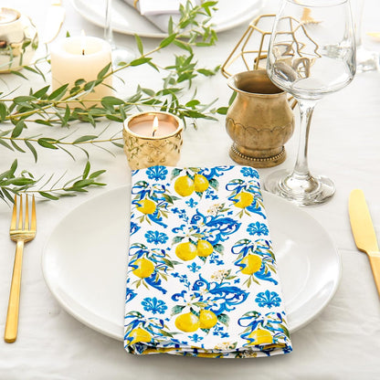 Whaline Lemon Cloth Napkin Italian Lemon Blue Tiles Reusable Dinner Napkin 18 x 18 Inch Kitchen Table Top Collection for Party Dining Table Decor, Set of 4