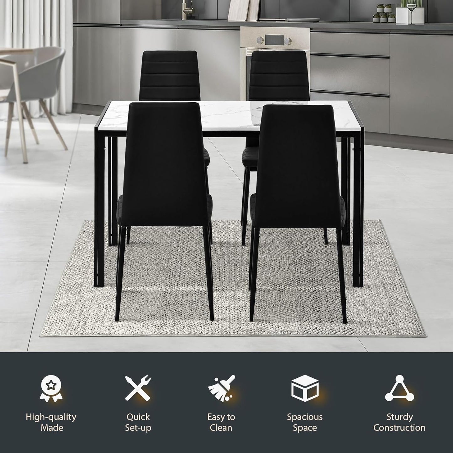 Luxsuite Dining Table Set Marble Tabletop Rectangular 120cm Modern Sintered Stone Glossy Marble Effect Top Dinner Tables 4 Seater with Tapered Metal Legs Dining Room Home Lounge Kitchen White