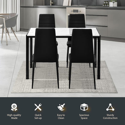 Luxsuite Dining Table Set Marble Tabletop Rectangular 120cm Modern Sintered Stone Glossy Marble Effect Top Dinner Tables 4 Seater with Tapered Metal Legs Dining Room Home Lounge Kitchen White