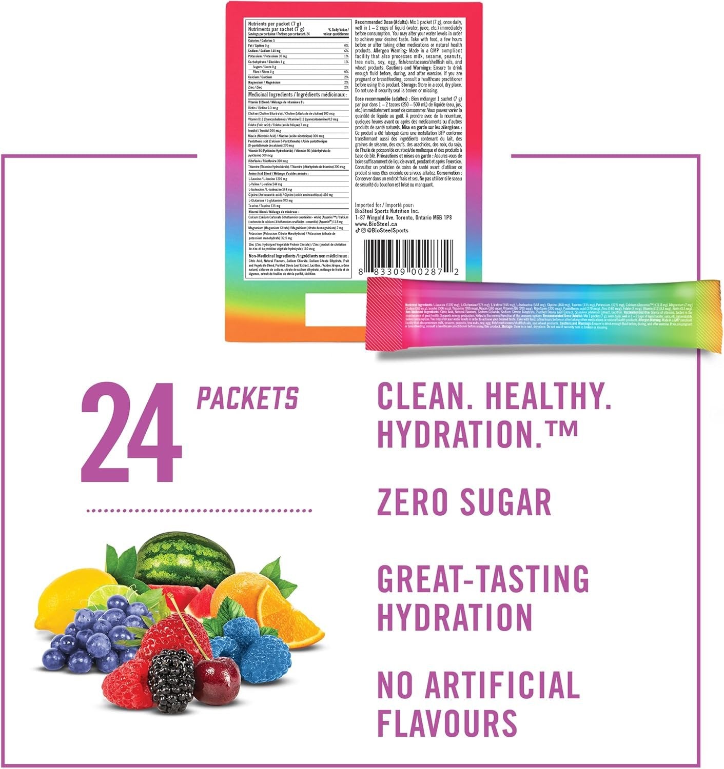 BioSteel Hydration Mix, Proudly Canadian - Great Tasting Hydration with Zero Sugar, and No Artificial Flavours or Preservatives, Rainbow Twist Flavour, 24 Single Serving Packets