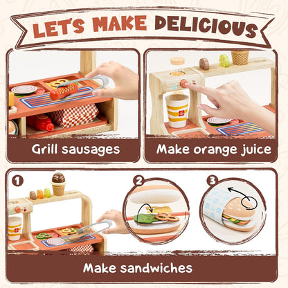 Lehoo Castle Play Food, Pretend Play Toys, 3 Year Old Girl Gifts, Wooden Play Kitchen for Kids Includes Hamburger Shop, Sandwiches, Hot Dogs, Menu Role Play Toys