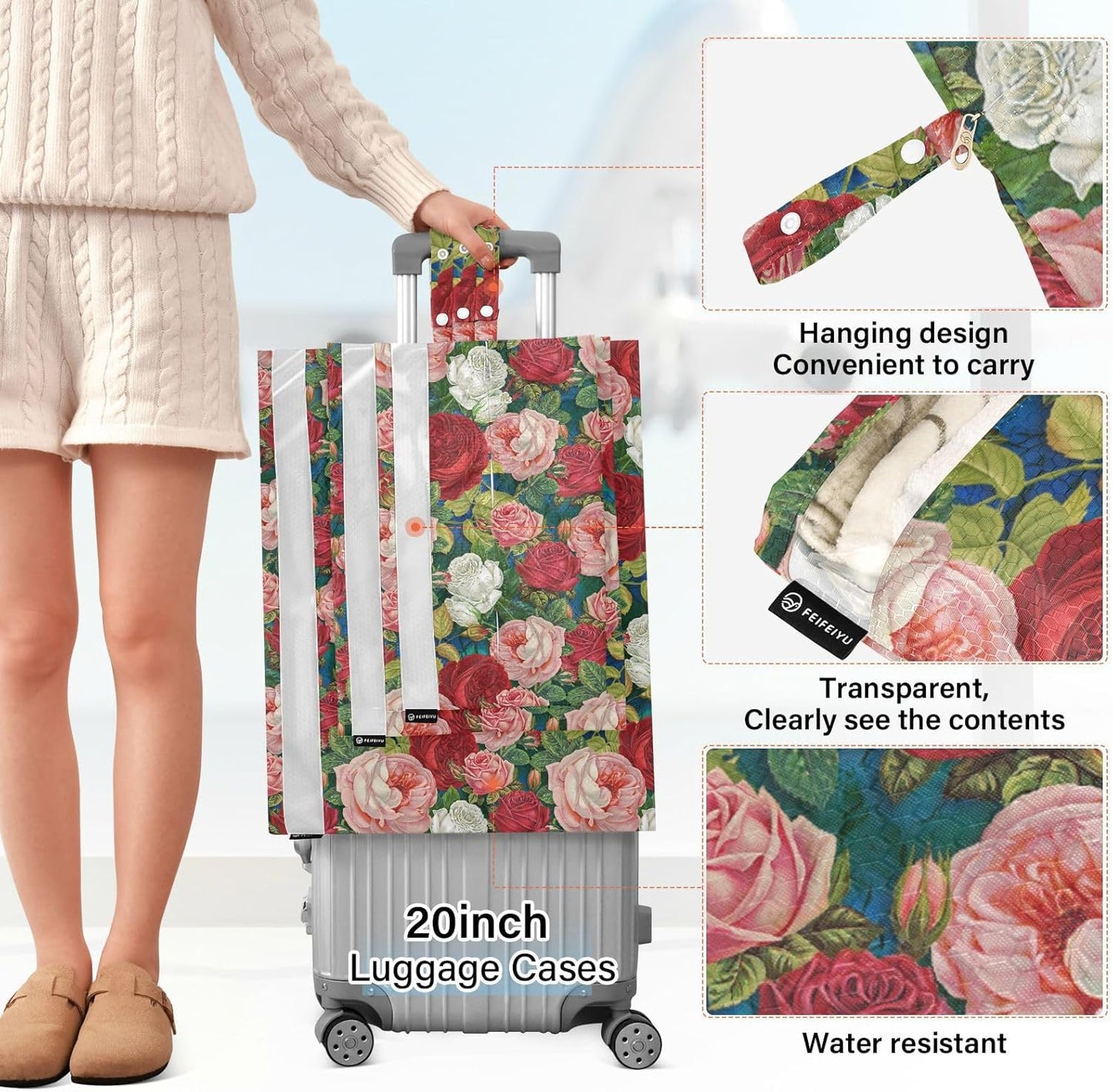 Roses Beauty Flower 3 Piecing Packing Travel Bag Reusable Compression Bags For Travel Space Saver Bag Storage And Organization
