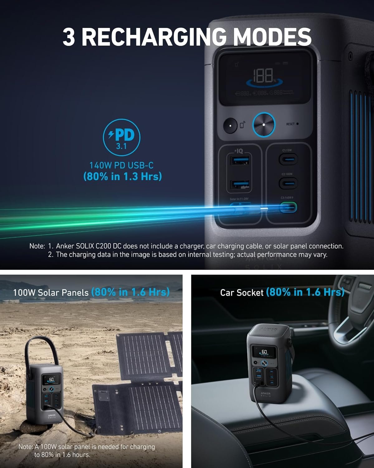 Anker SOLIX C200 DC Power Bank Station (60,000mAh), 192Wh Portable Power Station, LiFePO4 Battery, 200W Solar Generator, for Outdoor Camping, Traveling, and Emergencies (No Wall Charger Included)