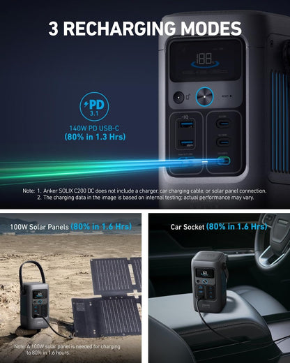 Anker SOLIX C200 DC Power Bank Station (60,000mAh), 192Wh Portable Power Station, LiFePO4 Battery, 200W Solar Generator, for Outdoor Camping, Traveling, and Emergencies (No Wall Charger Included)
