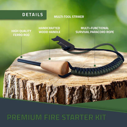 RKR OUTDOOR Ferro Rod Flint Fire Starter Kit with Handcrafted Wood Handle |5/16"- 3/8" Thick 12000-15000 Strikes |Survival Flint and Steel Rods with Multi-Tool Striker and Paracord Lanyard for Camping