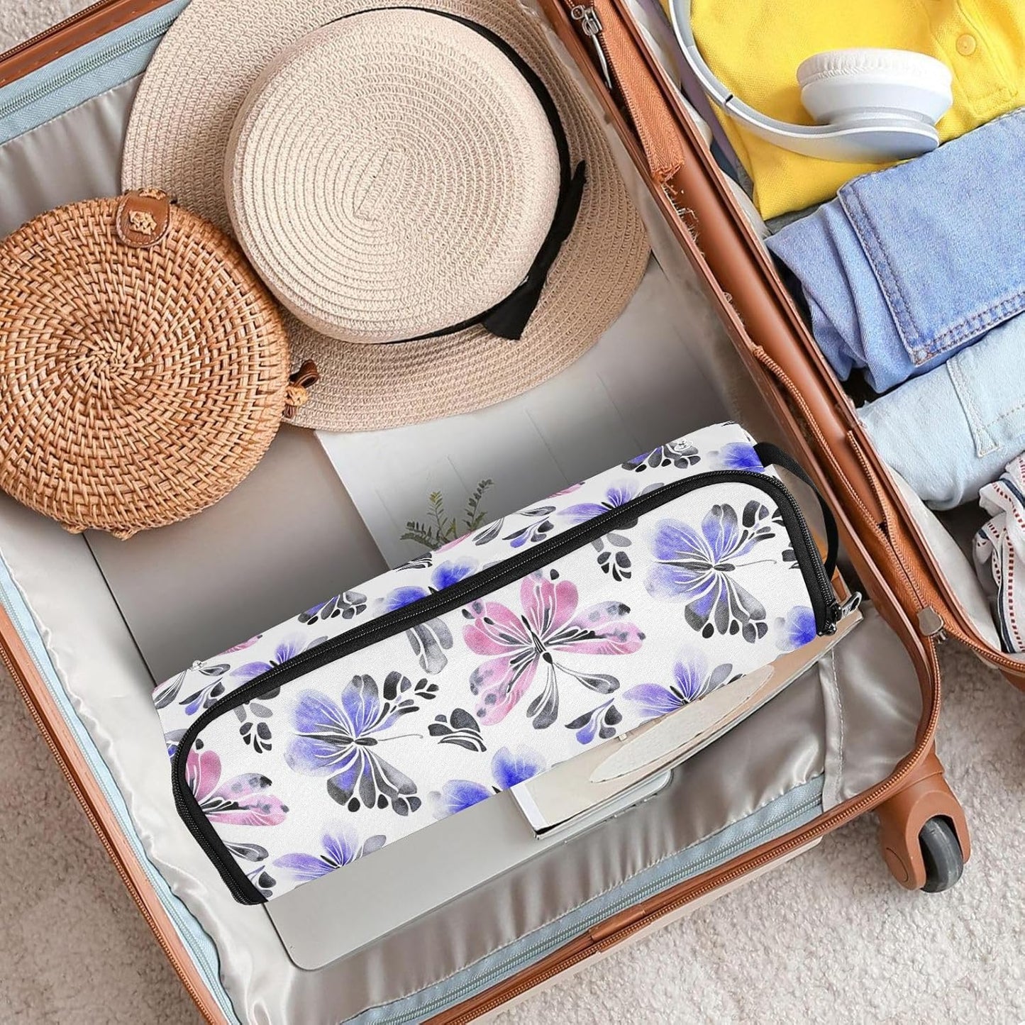 Borsa da viaggio per strumenti per capelli con tappetino resistente al calore, organizer per strumenti per capelli, accessori per la cura dei capelli, farfalle misteriose viola, elementi essenziali da