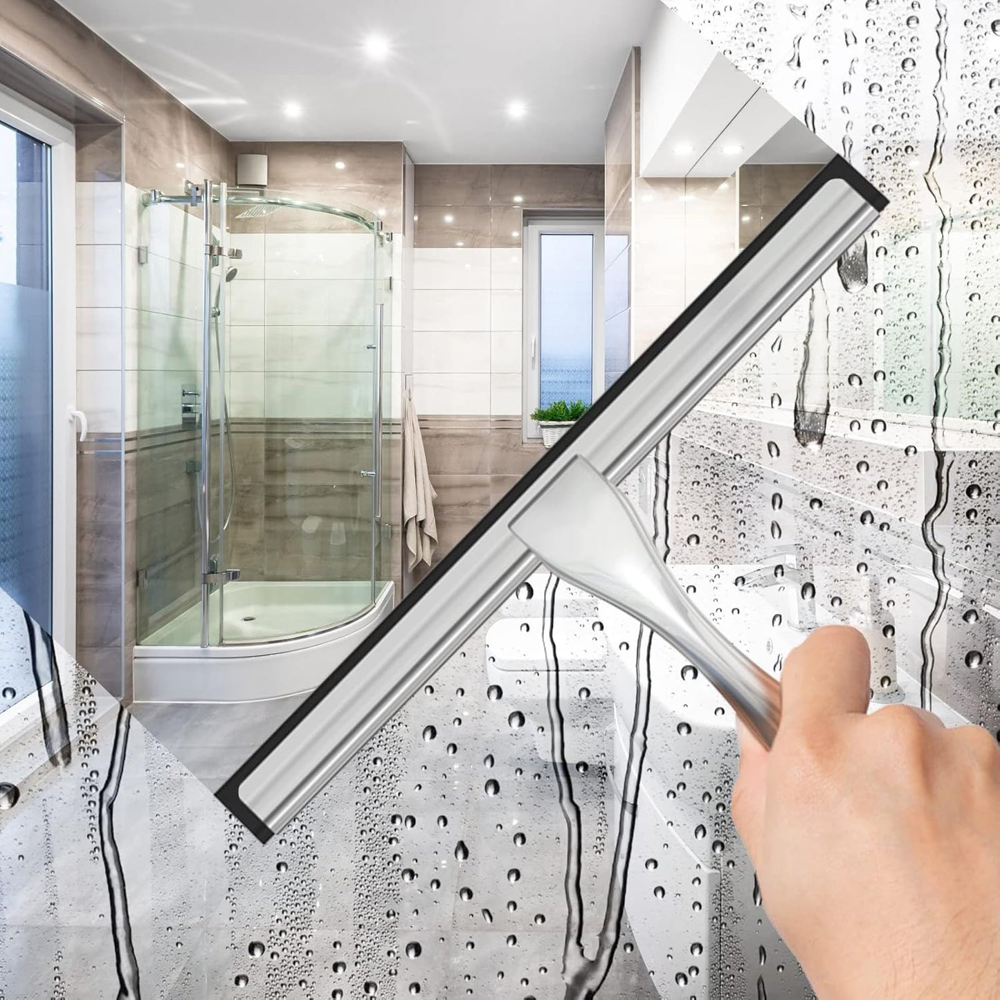 All-Purpose Stainless Steel Shower Squeegee for Shower Glass Door with 2 Adhesive Hooks, Bathroom Cleaner Tool Household Window Mirror Squeegee, Cleaning Tile Wall, Car, 10 Inch Silver