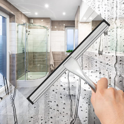 All-Purpose Stainless Steel Shower Squeegee for Shower Glass Door with 2 Adhesive Hooks, Bathroom Cleaner Tool Household Window Mirror Squeegee, Cleaning Tile Wall, Car, 10 Inch Silver