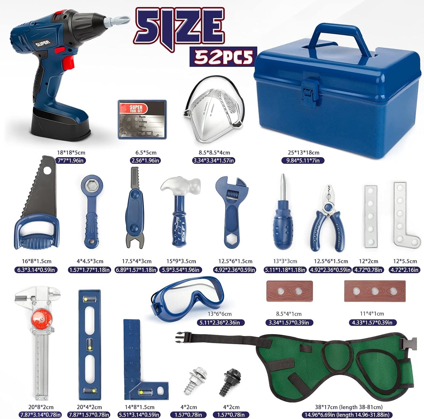 Vanplay 52 PCS Kids Tool Set Pretend Play Construction Toys Kit with Tool Box, Kids Tool Belt, Electronic Toy Drill, for Toddlers Boys Girls Ages 3 4 5 6 7 Years Old