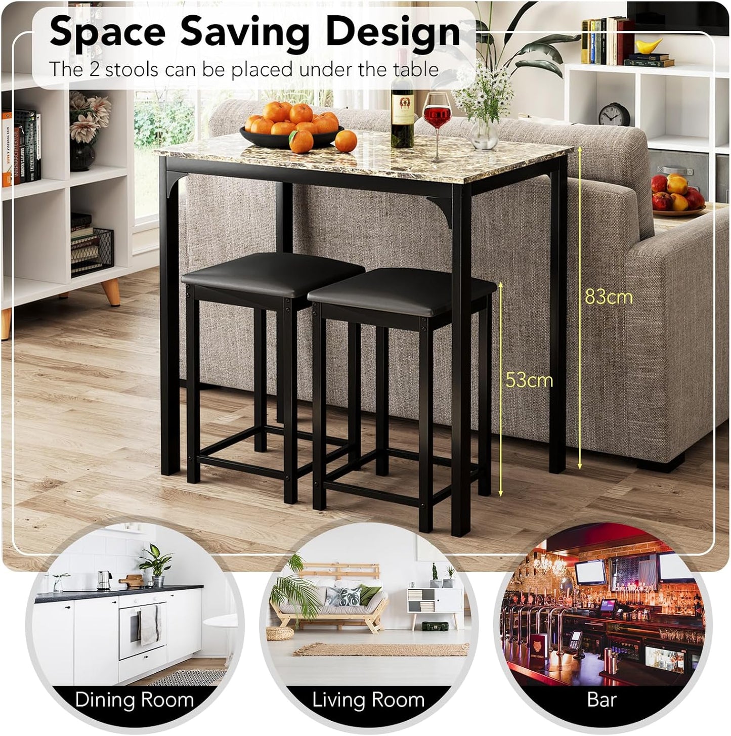 Giantex 3PCs Dining Table & Chairs Set, Modern Kitchen Table w/Faux Marble Tabletop & 2 Bar Stools, Dining Table Set Counter Height Breakfast Table for Home Hotel Dining Room Kitchen (Rustic Brown)