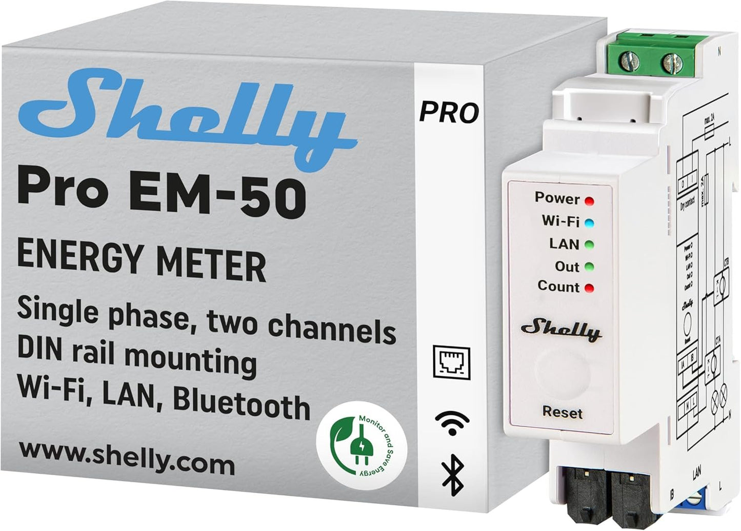 Shelly Pro EM 50A, Wi-Fi & Bluetooth Energy Meter with Contactor Control with Power Measurement, Home Automation, Compatible with Alexa & Google Home, iOS Android App, No Hub Required