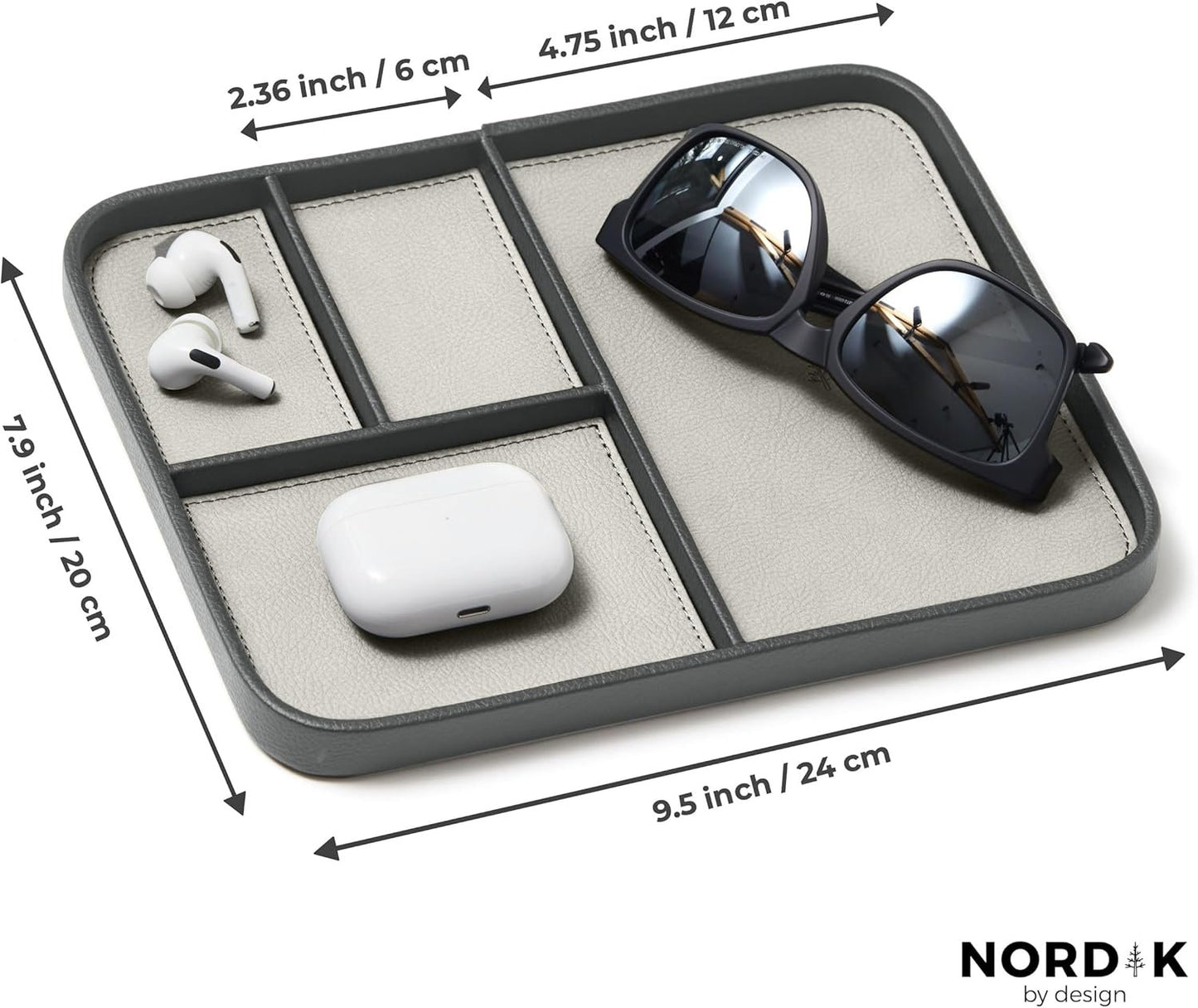Nordik Leather Valet Tray - Sahara Gray - Premium Vegan Leather Stylish and Organised Nightstand Tray for Men - EDC Catchall Tray for Keys, Watch, Wallet, Jewellery - Modern Bedside Caddy