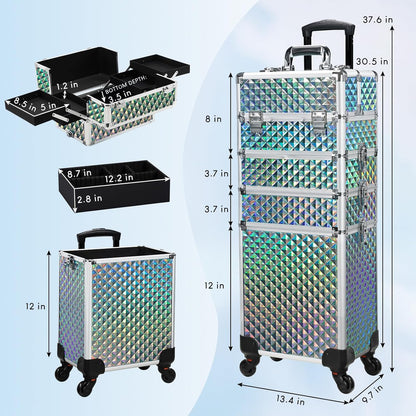 Stagiant Rolling Makeup Case Cosmetology Case on Wheels 4 in 1 Makeup Travel Case Large Cosmetic Organizer Storage with Key Swivel Wheels Nail Artist Salon Traveling Cart Trunk Watery Blue