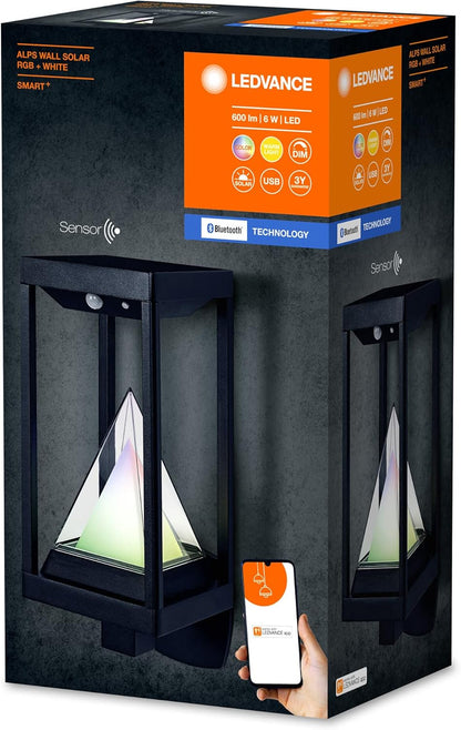 LEDVANCE SMART+ ALPS Outdoor Bluetooth Solar Light with Sensor, Warm White Light (3000K) and Colourful, No Power Supply, Up to 2.5 Hours at 100% Light, Rechargeable with USB-C Cable, IP44