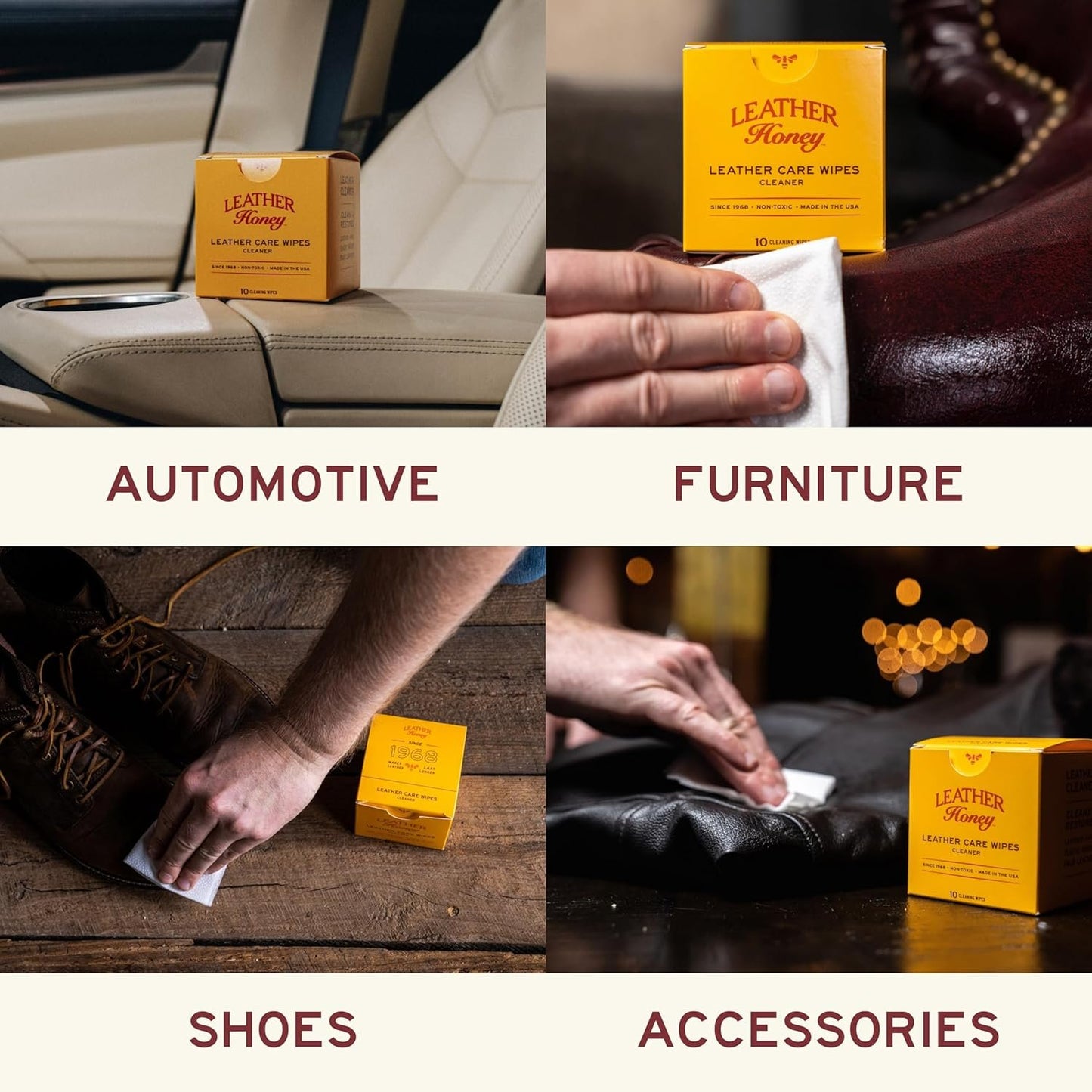 Leather Honey Leather Cleaner Wipes - Quality Leather Care, Since 1968 - Leather Cleaner for Auto Interiors, Furniture, Shoes, Bags, Accessories & Apparel - 10 Wipes