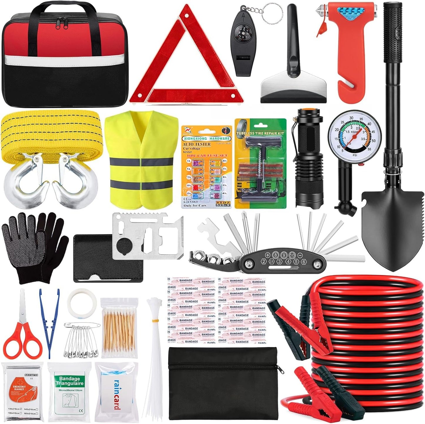 YJUSMAK Car Roadside Emergency Kit - Car Emergency Kit with Jumper Cables, Tow Rope, Folding Shovel, Safety Hammer, Reflective Warning Triangle, Car Safety Kits for Men, Women, Teenagers