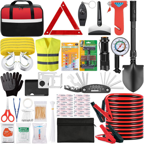 YJUSMAK Car Roadside Emergency Kit - Car Emergency Kit with Jumper Cables, Tow Rope, Folding Shovel, Safety Hammer, Reflective Warning Triangle, Car Safety Kits for Men, Women, Teenagers