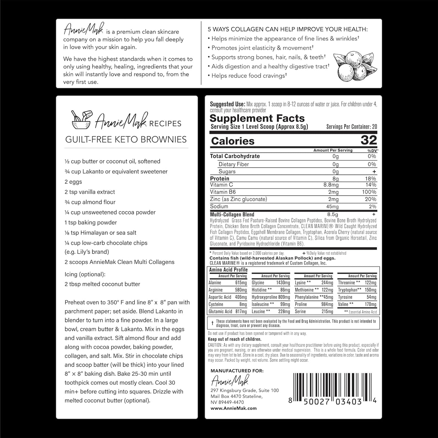 AnnieMak Collagen Peptides Powder with Bone Broth, Protein & More for Skin Care, Healthy Hair & Nails, Grass Fed, Clean Multi Collagens Supplement for Women's Wellness, Gluten Free, Unflavored
