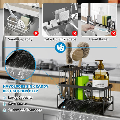 Sponge Holder for Kitchen Sink - Rustproof Sink Caddy with Brush Holder, Kitchen Sink Organizers and Storage Dish Soap Dispenser Home Essentials Organization Accessories (Black, With Brush Holder)