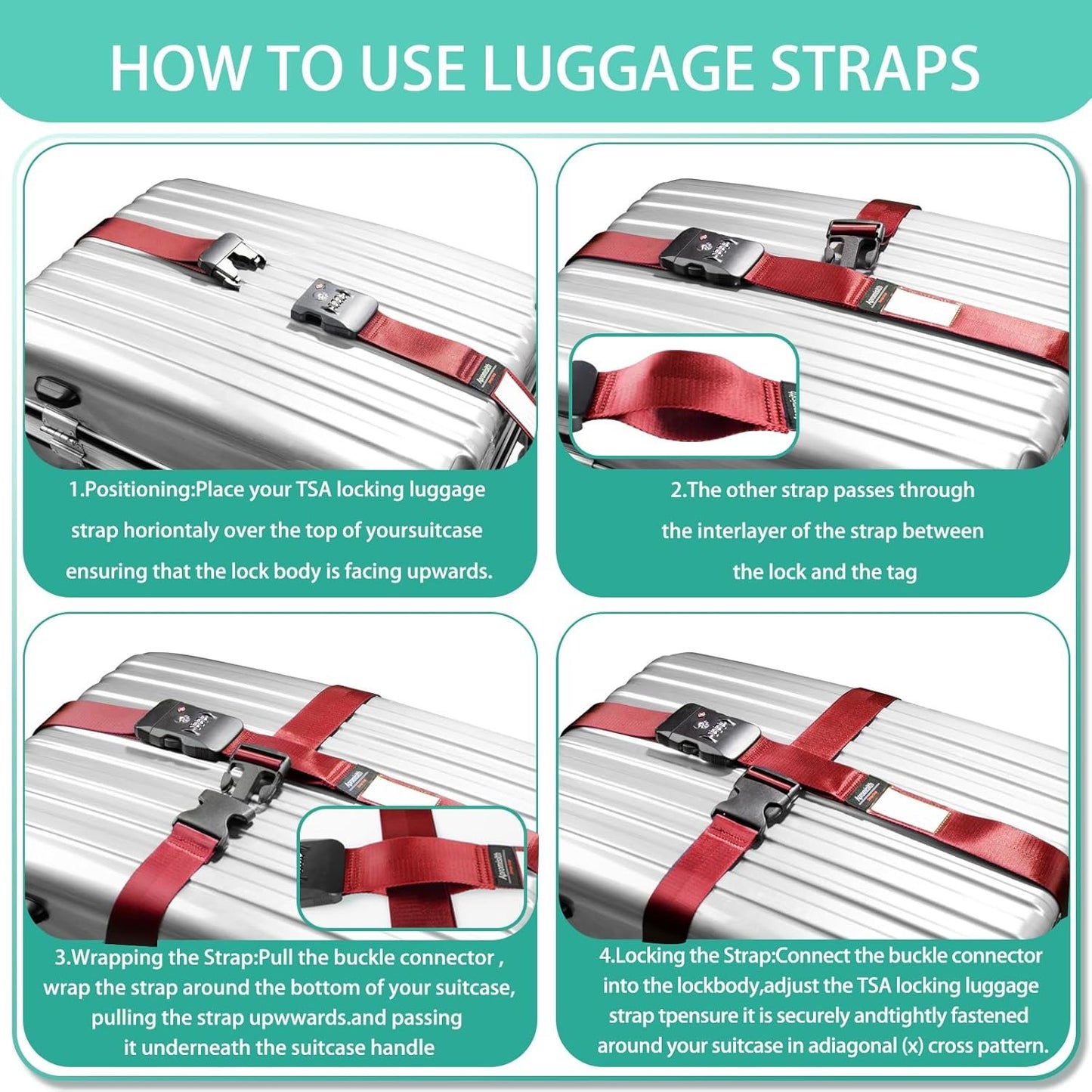 20"-28" Suitcase Cross Strap with TSA Approved 3-Digit Combination Lock Wide Adjustable Straps Travel Accessories, Red