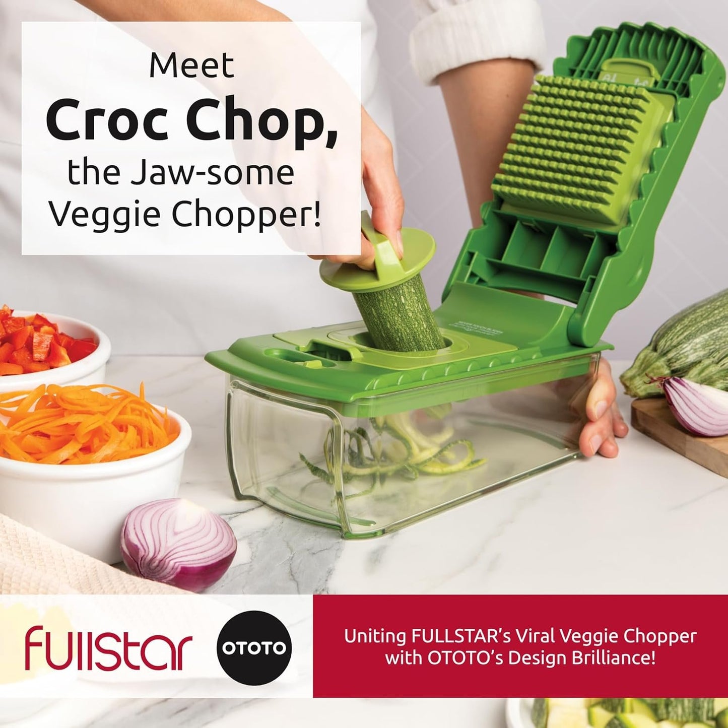 New! Croc Chop Fullstar x OTOTO Vegetable Chopper Vegetable Cutter - Veggie Onion Food Chopper Manual - Potato Chipper - Veg Chopper and Dicer - Kitchen Tools & Gadgets (4-in-1)