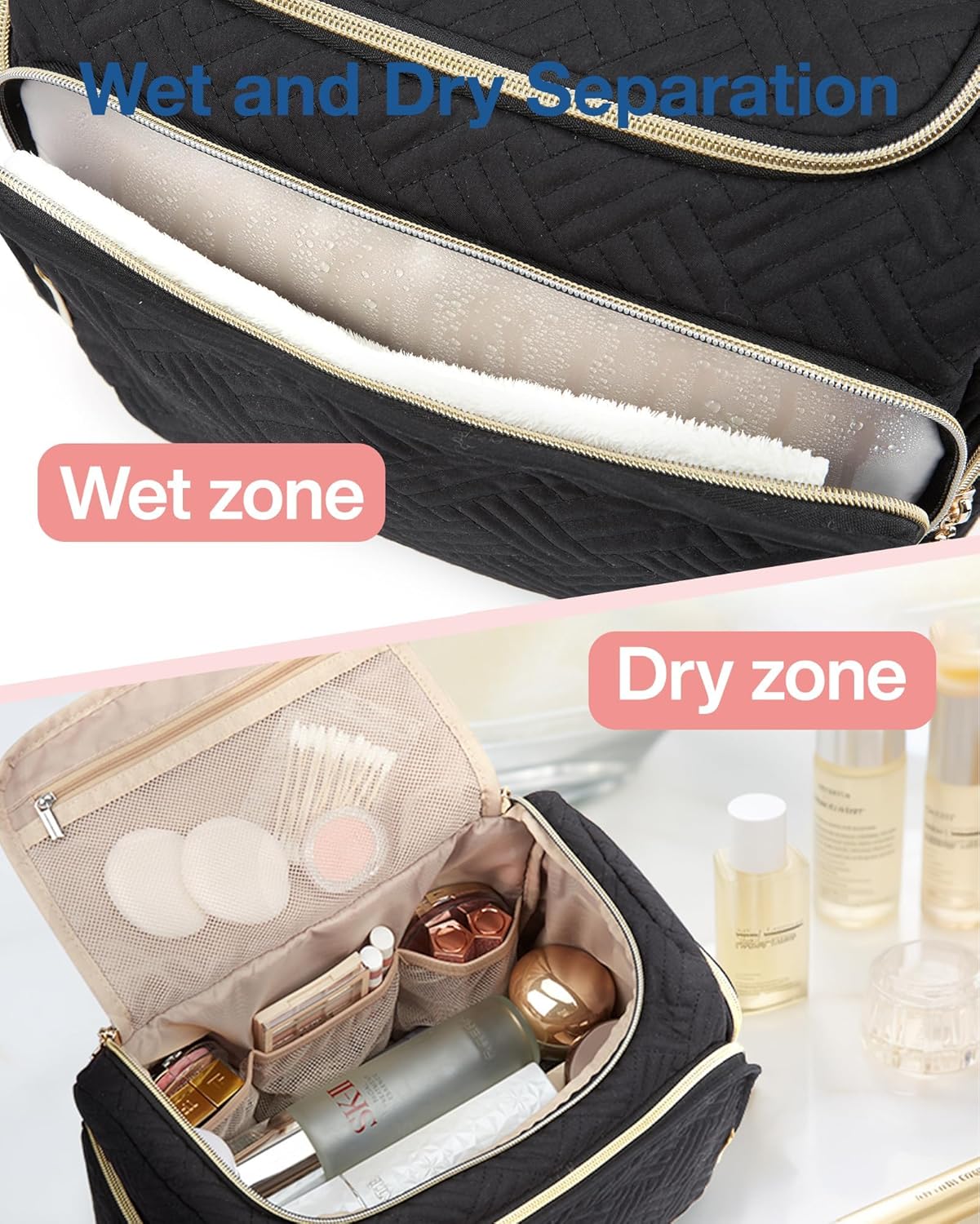 BAGSMART Travel Toiletry Bag, Large Wide-Open Travel Bag for Toiletries, Makeup Cosmetic Travel Bag with Handle,Black-L