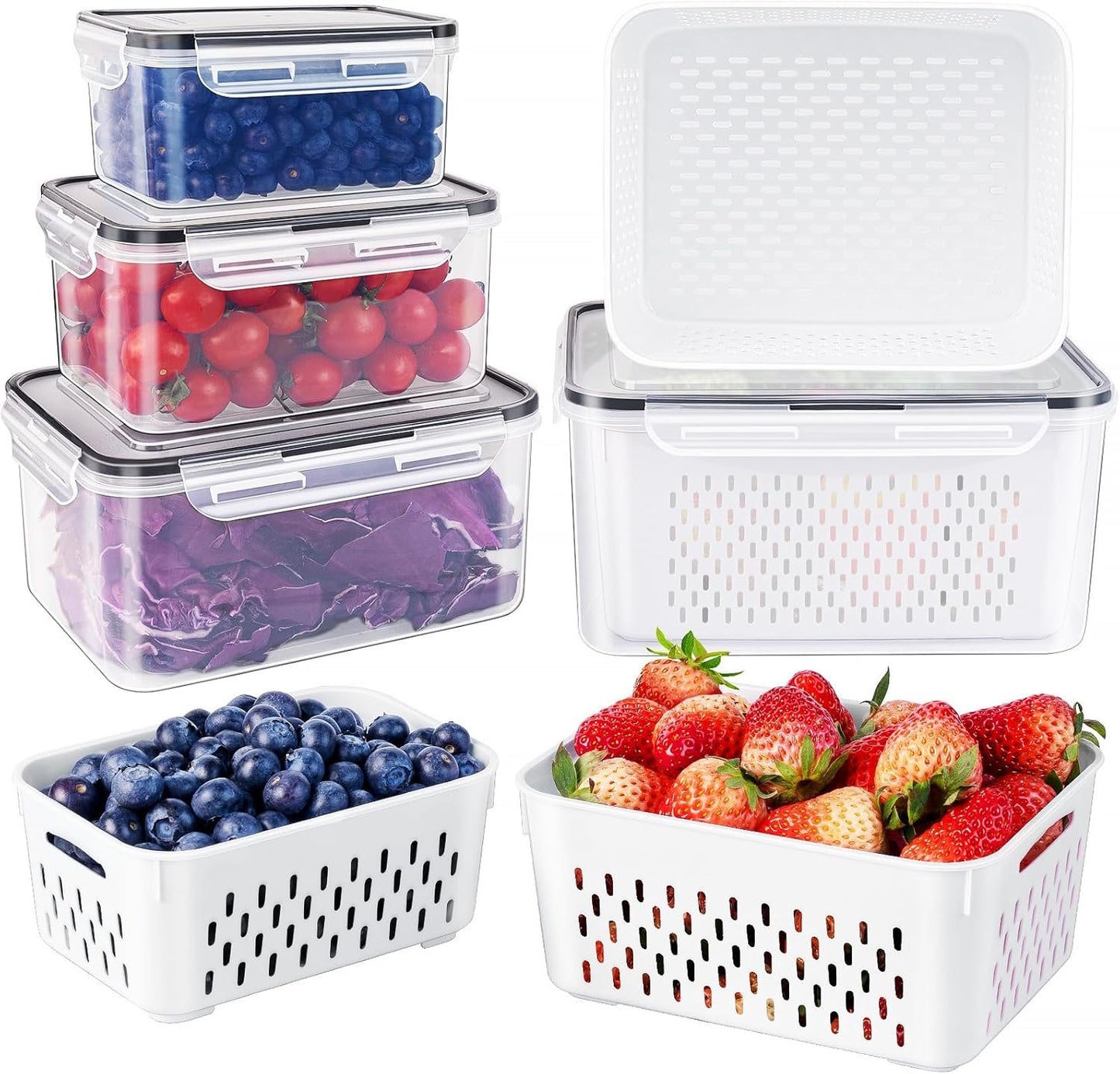 4 PCS Fruit Storage Containers for Fridge with Removable Colander, Airtight Food Storage Container, Dishwasher Safe Produce Saver Container for Refrigerator, Keep Berry Fruit Vegetable Fresh Longer