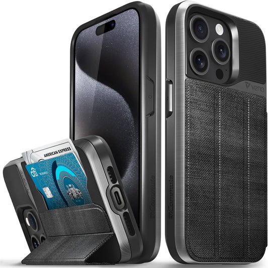 VENA vCommute for iPhone 15 Pro Wallet Case, [Military Grade Drop Protection] Flip Leather Cover Slot Card Holder with Kickstand - Black Slate