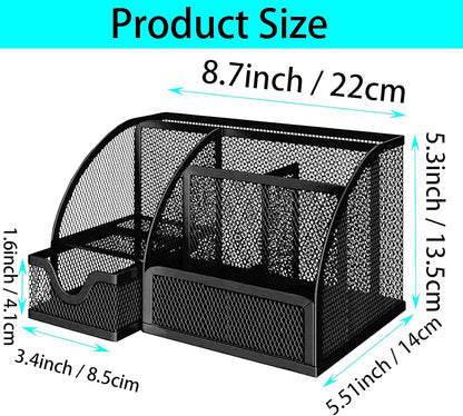 ZDZBLX Desk Organizers, Metal Mesh Stationery Desktop Organizer, Pen Holder Desk Organizer and Storage Office Supplies Desk Accessories Essentials Caddy with Drawer for Home, Office, School (Black)