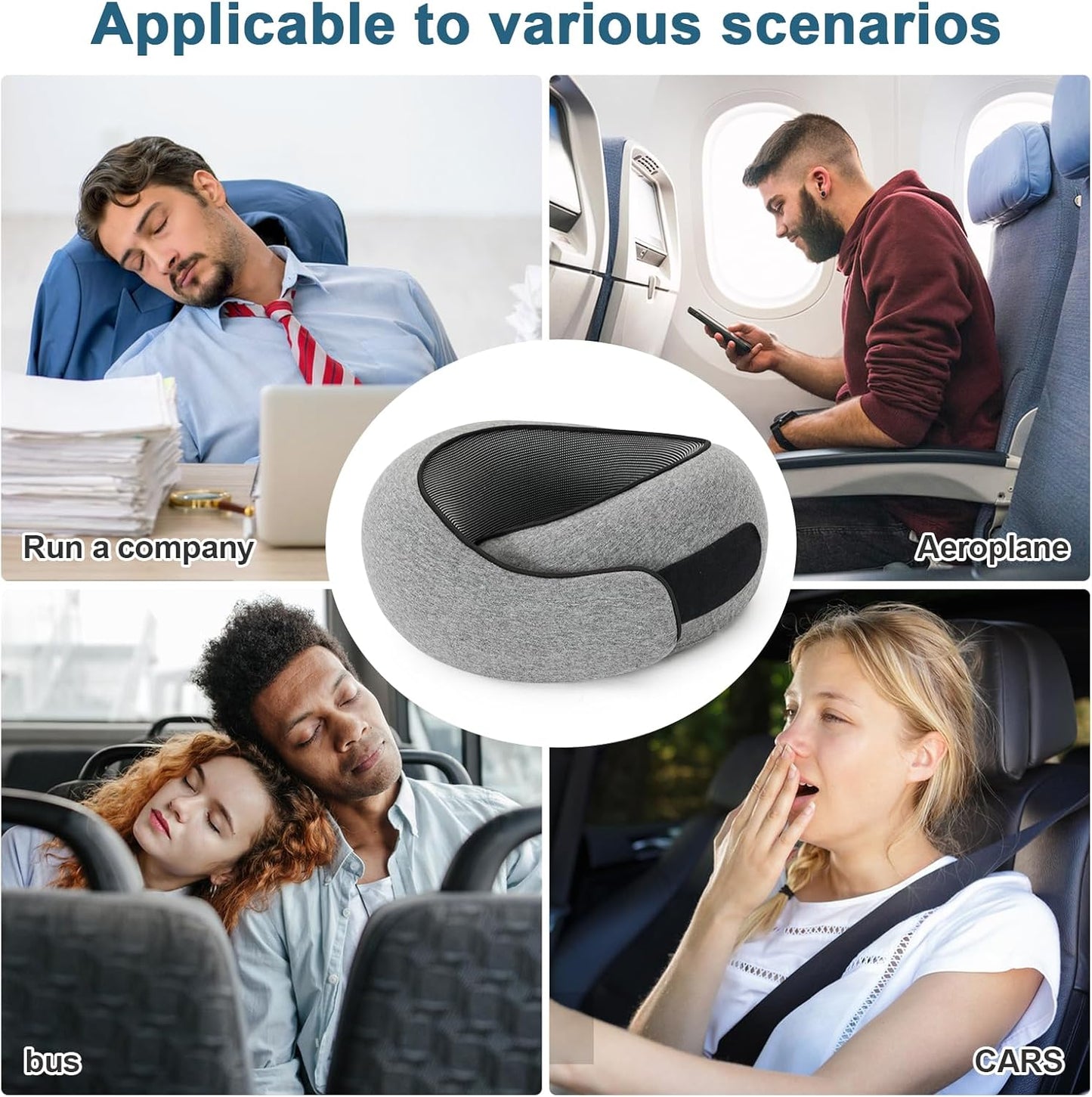 Travel Neck Pillow, Memory Foam Travel Neck Pillow for Airplanes, 360° Support Stowable Pillows for Sleeping, Airplane Travel Kit with 3D Contoured Eye Masks, Earplugs, and Storage Bag (Grey)
