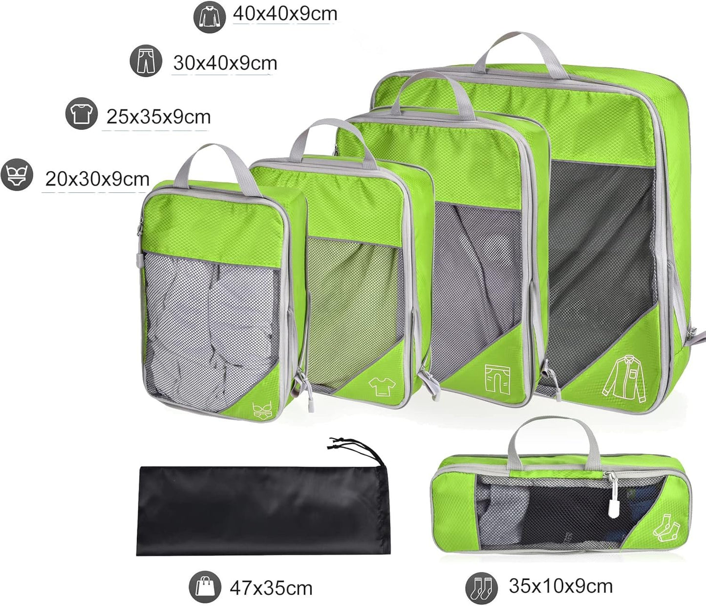 Compression Packing Cubes, ESHATO 6 Pieces Travel Luggage Organizer Accessories Extensible Storage Bags Travel Cubes for Suitcases (Green)