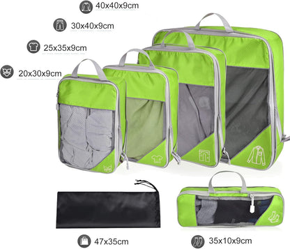 Compression Packing Cubes, ESHATO 6 Pieces Travel Luggage Organizer Accessories Extensible Storage Bags Travel Cubes for Suitcases (Green)