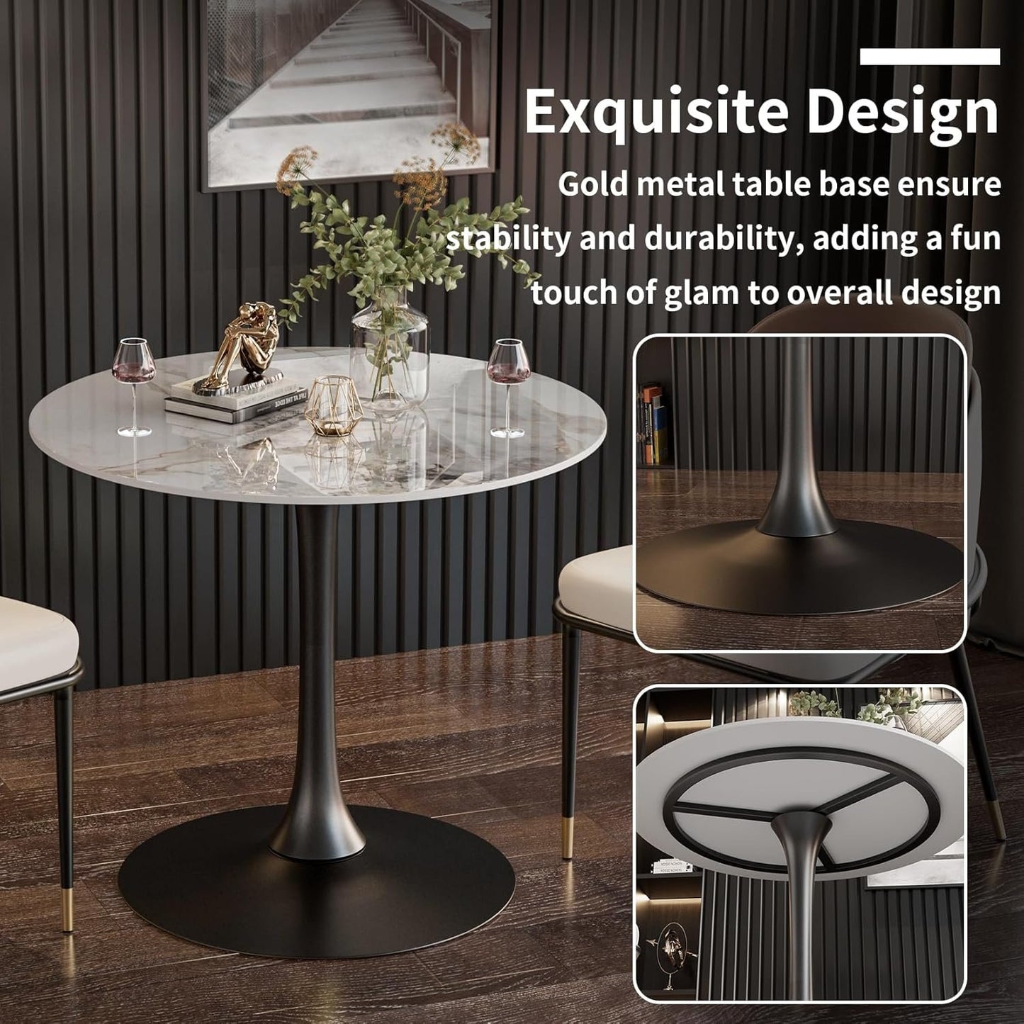 Wisfor Marble Round Bar Table: 30" Dia White Patterned Sintered Stone Tabletop 31" Tall Black Leg Bar Cocktail Table Bar Furniture for Home Kitchen,Pub,Coffee Shop,Office, Apartment