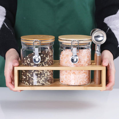 KKC HOME ACCENTS Airtight Borosilicate Glass Loose Tea & Coffee Beans Storage Containers with Bamboo Clamp Lids & Scoops - Glass Food Storage Jars for Nuts, Sugar, Matcha, Pantry Organization - 800 ML