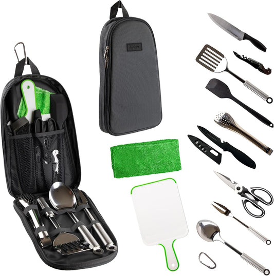 Life 2 Go Camp Cooking Utensil Set & Outdoor Kitchen Gear Cookware Kit, Portable Compact Carry Case for Camping, Hiking, Travel, BBQ Grilling Stainless Steel Accessories Spoon & Fork