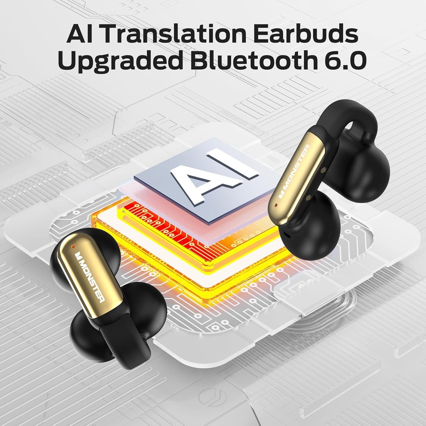 Monster AI Translation Earbuds Open AC601, 3-in-1 Translator Wireless Earbuds, Bluetooth 6.0 Open Earphones with 115 Languages Translation, Real-Time AI & Touch Control Wireless Headphone