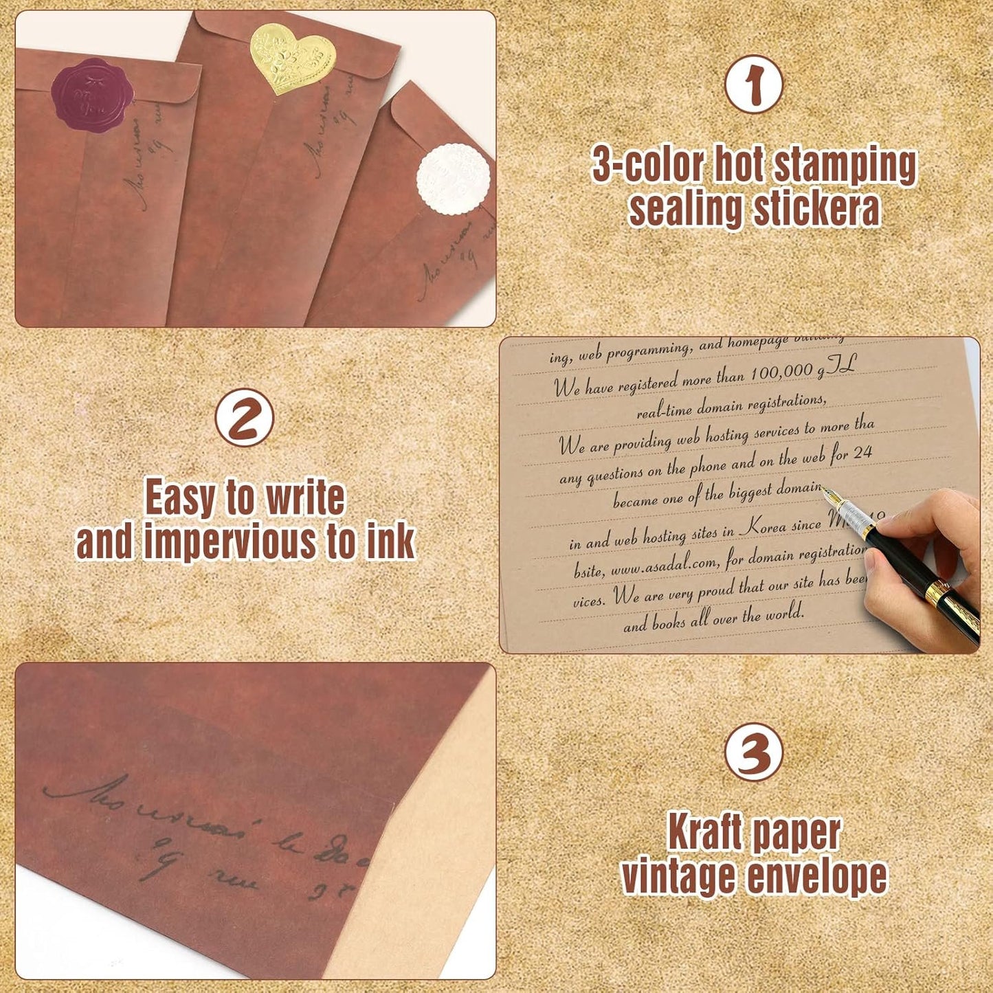 Envelope Letter Paper Set, 50 Pieces Letter Paper and Envelopes, Vintage Writing Paper Set with 18 Red Brown Envelopes, 18 Wax Seal Stickers