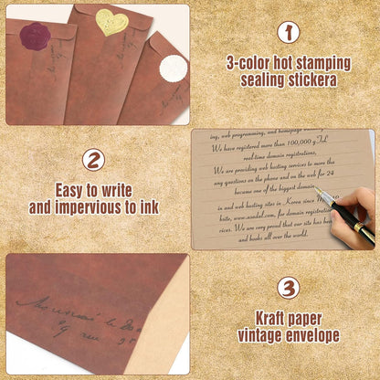 Envelope Letter Paper Set, 50 Pieces Letter Paper and Envelopes, Vintage Writing Paper Set with 18 Red Brown Envelopes, 18 Wax Seal Stickers