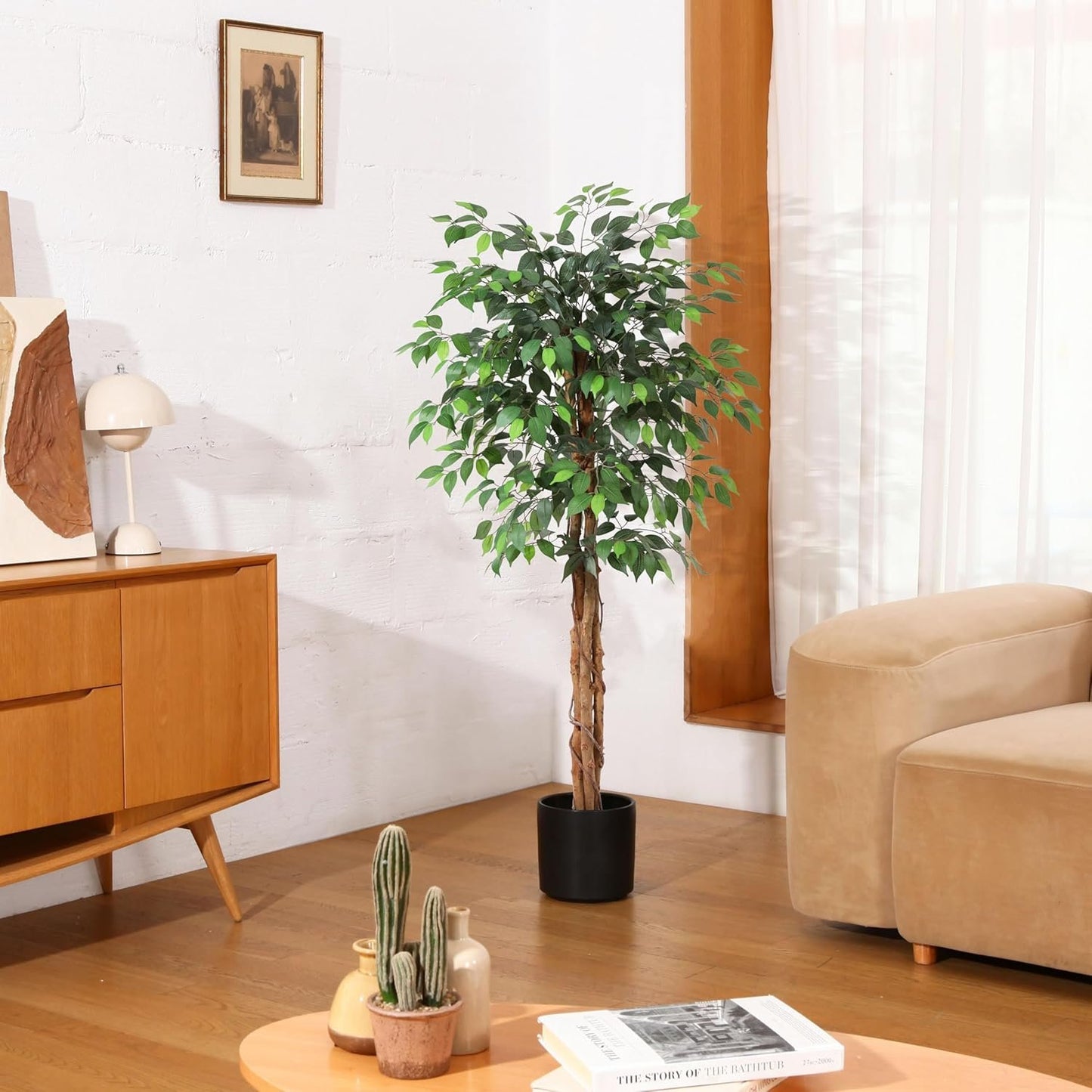 OAKRED 5FT Silk Artificial Ficus Tree with Realistic Leaves and Natural Trunk Fake Plants Tall Fake Trees Faux Ficus Tree for Office House Living Room Home Decor Indoor Outdoor,Set of 1