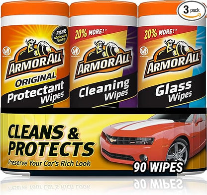 Armor All Protectant, Glass and Cleaning Wipes, Wipes for Car Interior and Car Exterior, 30 Count Each (Pack of 3)