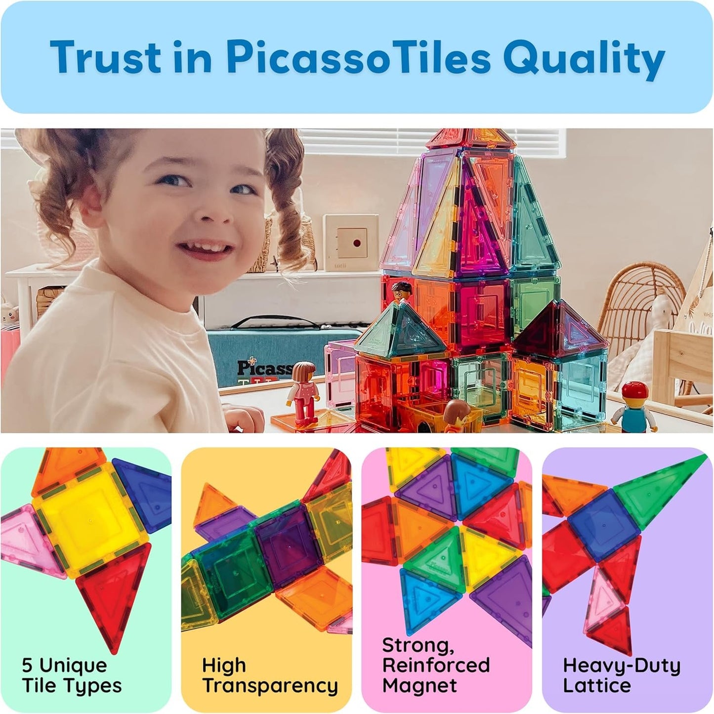PicassoTiles Magnetic Tiles 60pcs Kids Toys Classroom Sensory Toy for Toddlers STEM Learning Building Blocks, Montessori Pretend Play Magnet Tile Construction Stacking Block Boys Girls Ages 3+ PT60