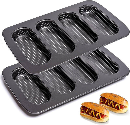 Yomvzake Hot Dot Bun Pan Set of 2, Perforated Carbon Steel Non-Stick Hotdog Mold, Bread Forms for Crispy Mini Baguette Sandwich Baking Tray, Hot Dog Rolls