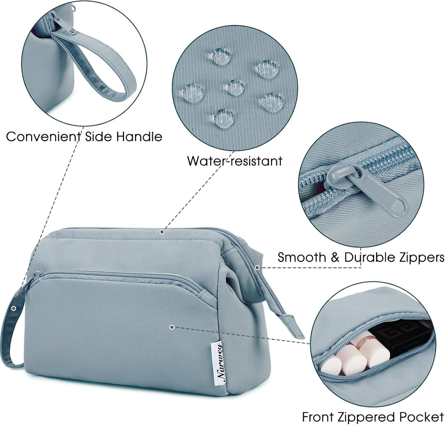 Narwey Large Women Makeup Bag Wide-Open Make up Bag Travel Cosmetic Organizer Toiletry Bag for Cosmetics Toiletries Accessories (Greyish Blue)