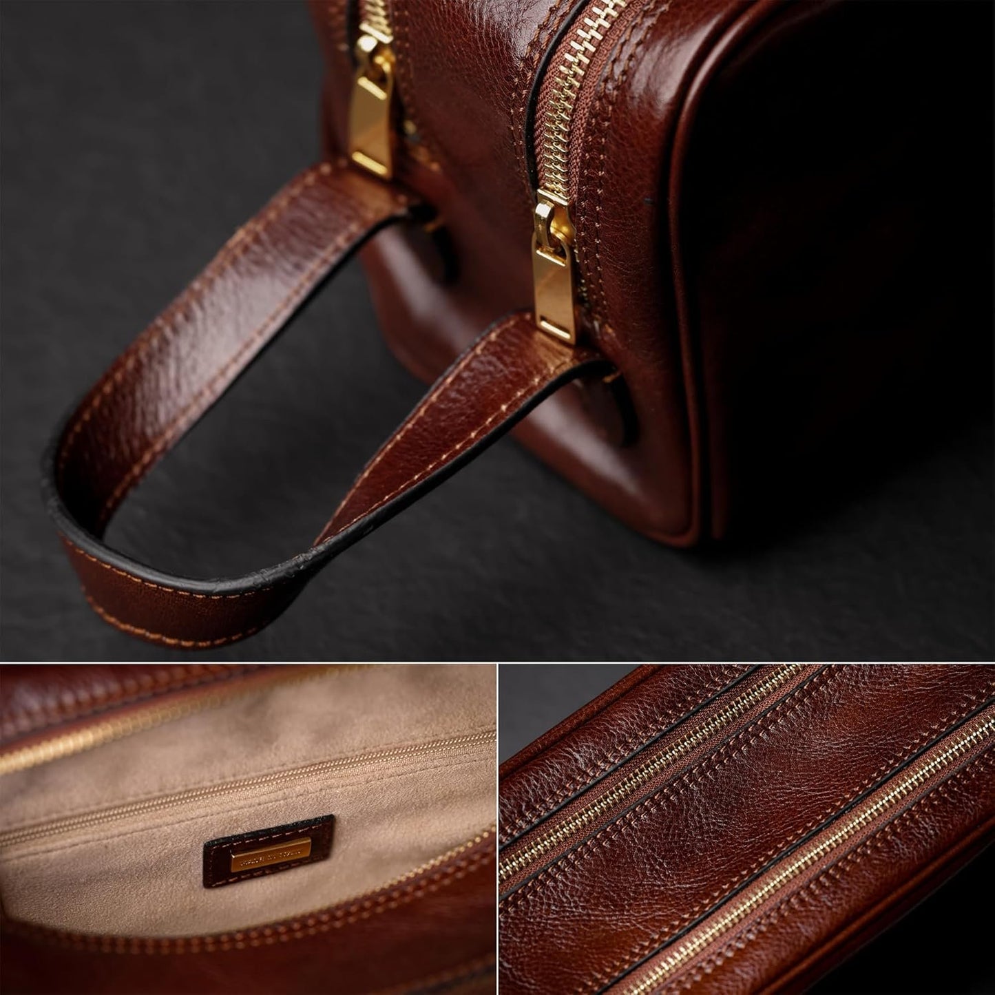 Time Resistance Leather Toiletry Bag - Dopp Bag Skincare Bag - Italian Cosmetic Bag (Brown)