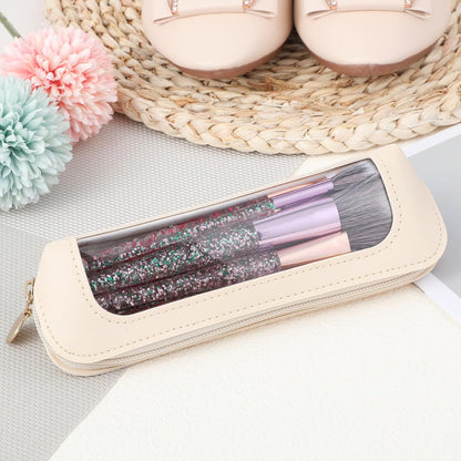 Clear Makeup Bag, Portable Transparent Cosmetic Organizer, PU Leather Makeup Brush Holder, Waterproof Travel Toiletry Pouch with Zipper for Women, Slim Makeup Case for Home, Office, Travel, Beige
