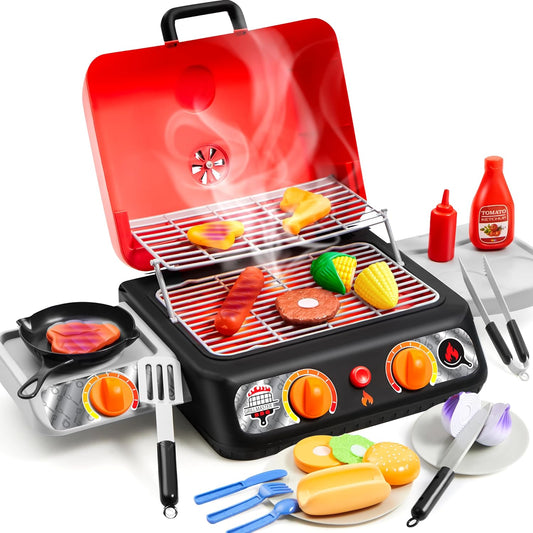 Kids BBQ Grill Playset, Kitchen Toy Set with Pretend Smoke, Light, Sound & Color-Changing Food, Play Kitchen Accessories, Indoor Outdoor Cooking Toy for Boys Girls Kids