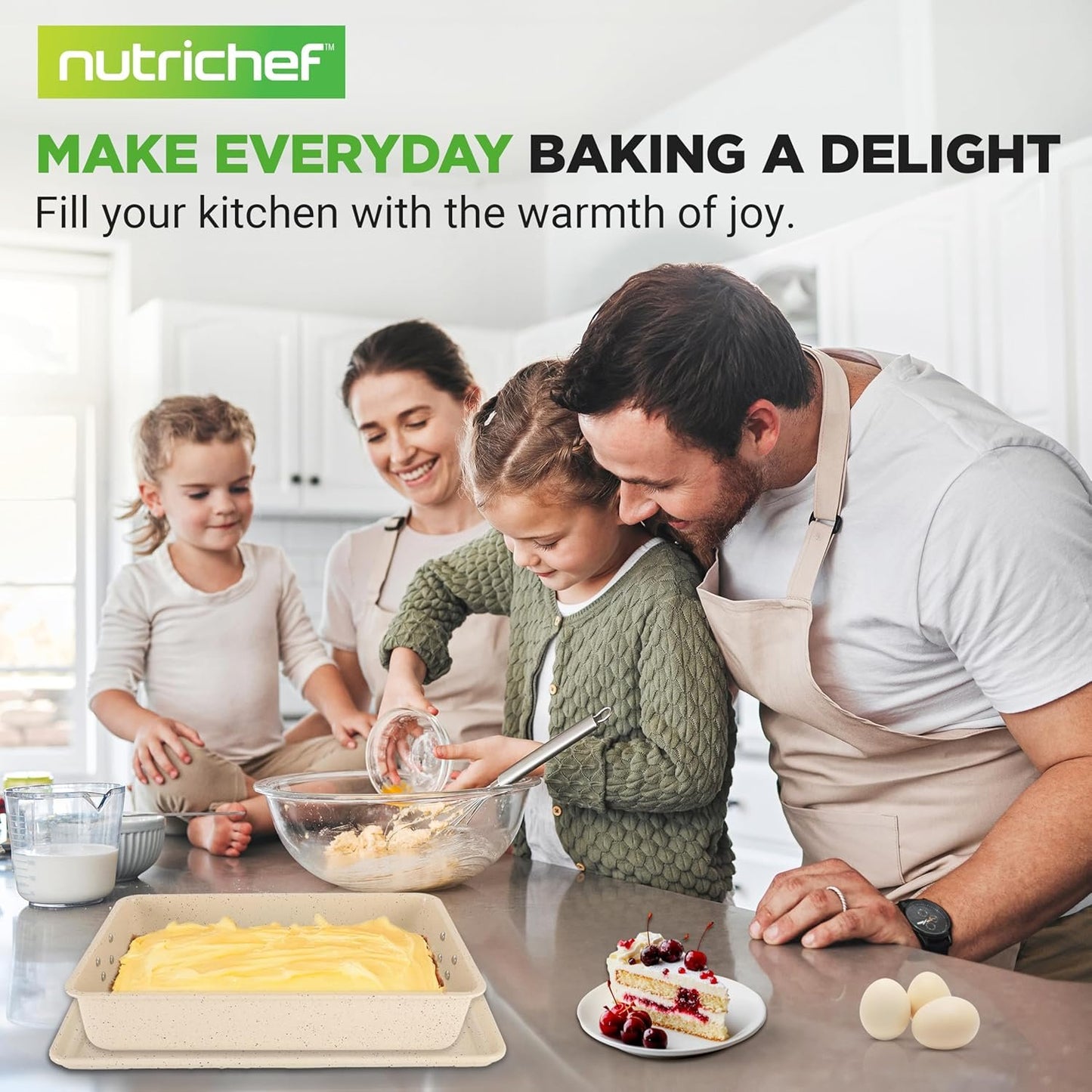 NutriChef 8-Piece Stackable Bakeware Set - Carbon Steel Non-Stick Baking Pan Set, Sheet, Muffin, Round, Loaf, Square Cake & Deep Pans, 450°F Heat Resistant, Standard & Convection Ovens (Marble Cream)